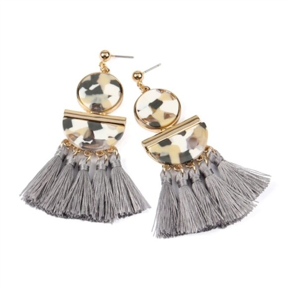 Marbled Resin and Tassel Dangle Drop Post Earrings - Picture 2 of 2